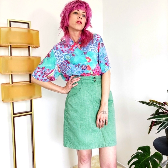 Vintage 80s Minty Green Denim Skirt - Picture 1 of 16